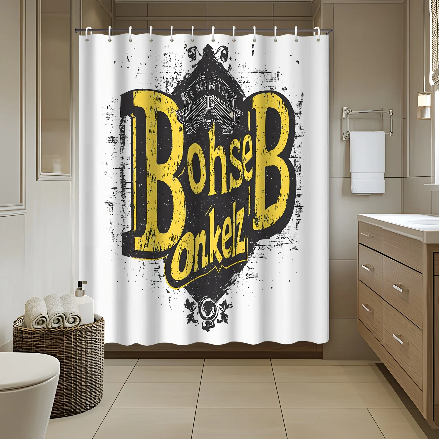 

1 шт., креативная модная крутая занавеска для душа с английским художественным принтом, полиэфирная ткань с 12 крючками, 1 шт., ванная комната