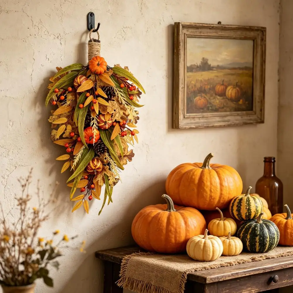 Rustic Harvest Home Decoration Artificial Fall Teardrop Swag with Pumpkins Berries Pinecones Autumn Harvest for Thanksgiving