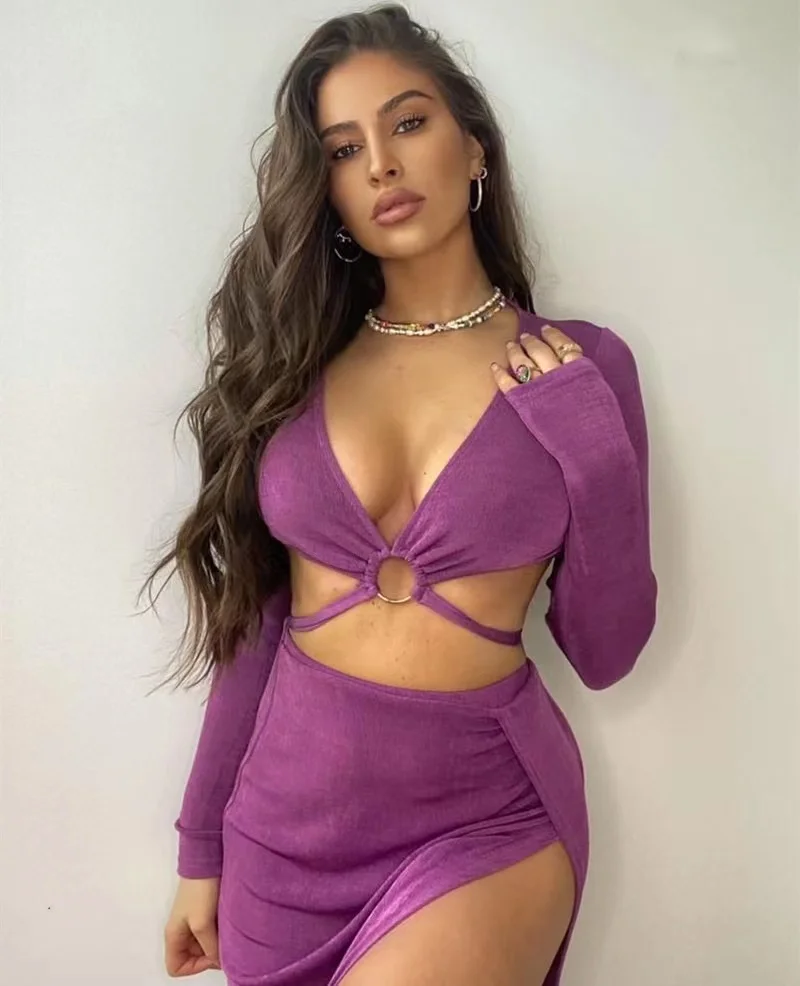 2023 New Long Sleeve Bandage Dress Sets Elegant Women Top And Skirts Sexy Club Split Skirts Two Piece Set Summer Fashion Outfits