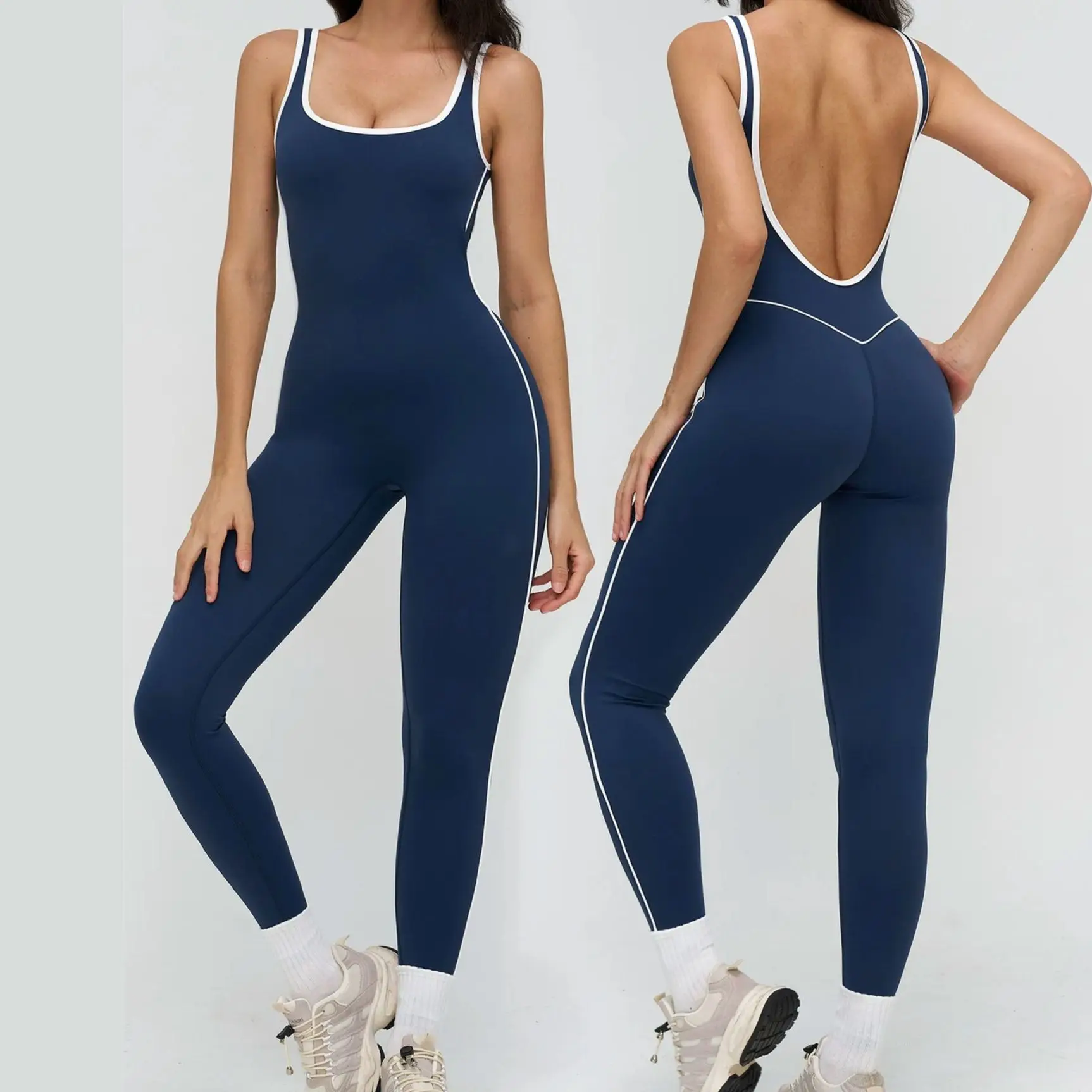 Sexy Backless Bodysuit Contrasting Colors Wrapped Edges Generous Neckline Women's Yoga Set Tracksuits Fitness Sports Suit