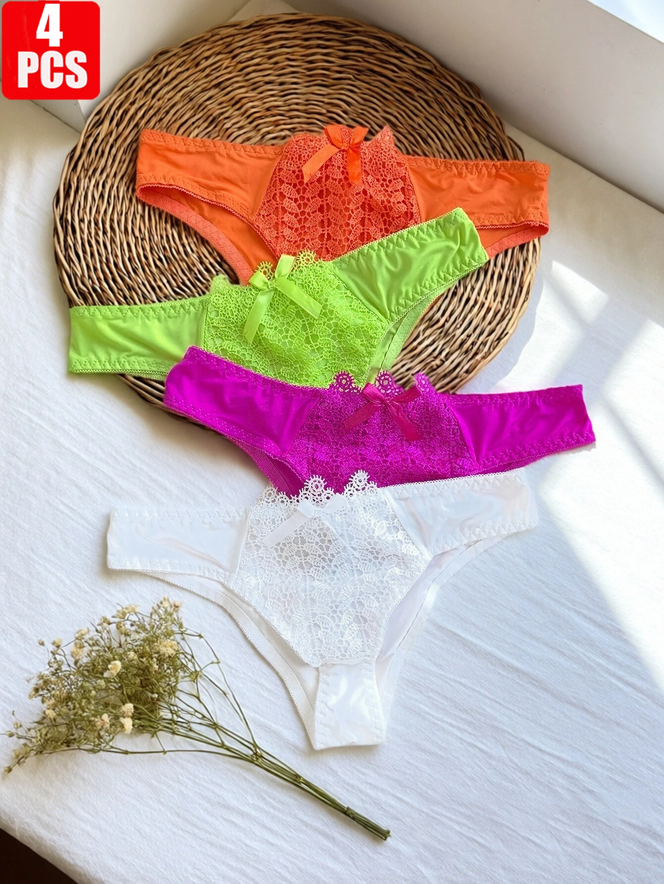 4-Pack Women's Underwear with Stylish Solid Color, Sexy and Close-Fitting, Featuring Bowknot Lace Triangle Bikini Panties