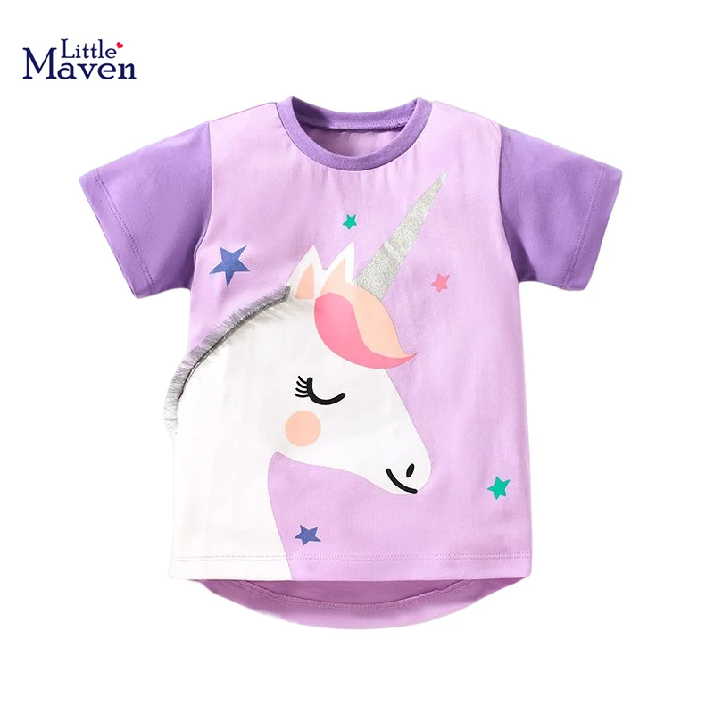 Little maven 2024 Girls Purple Tops Tees Shirts Cartoon Unicorn Pattern Baby Girls Clothes for Children\'s Clothing Summer