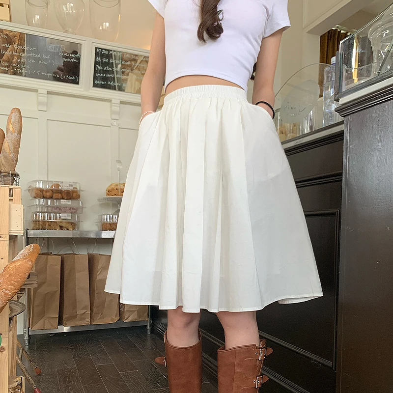 

Women Summer Pleated A-line Solid Color Holiday Daily Casual All-match Skirt