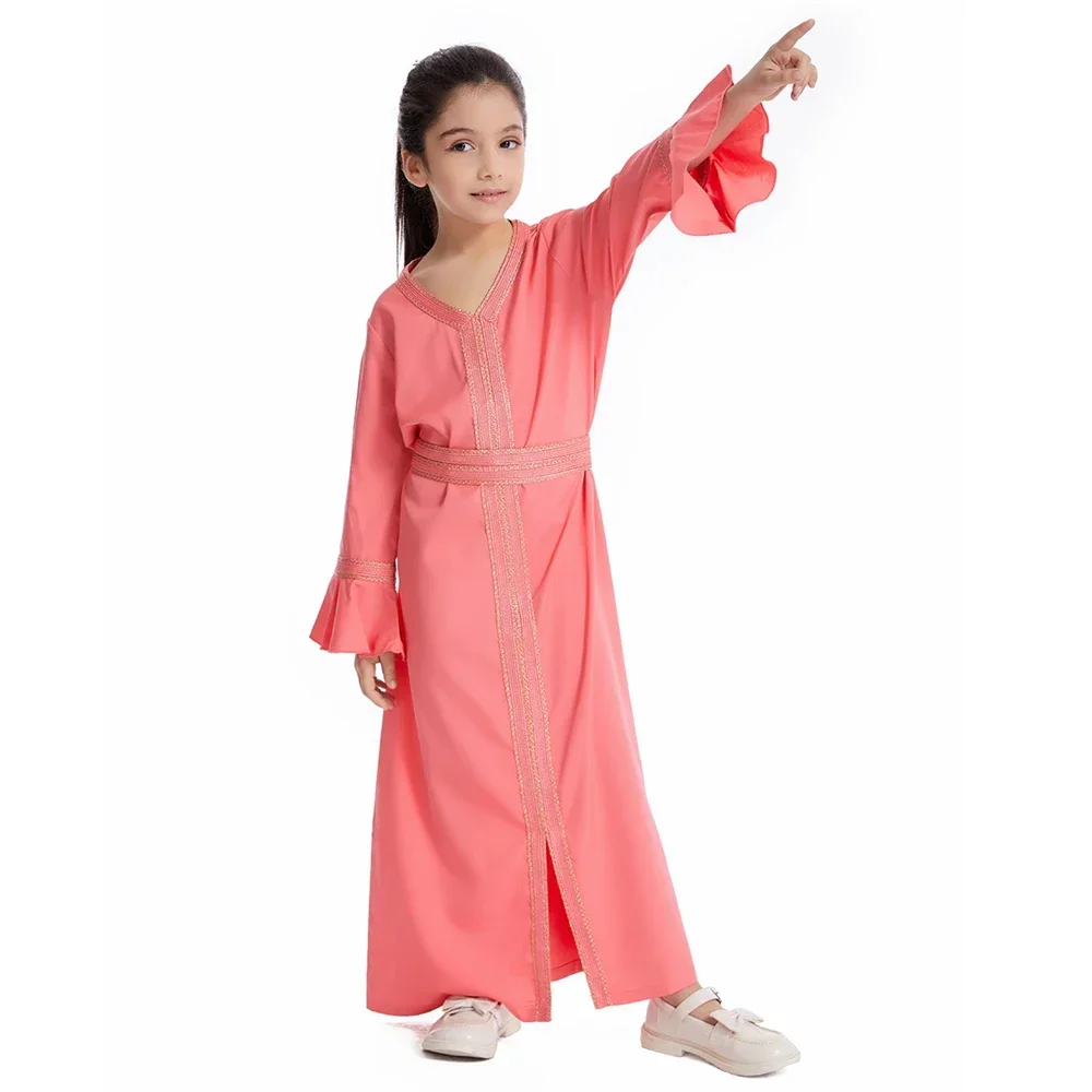 Muslim Girls Long Dress Ramadan Abaya Children Long Sleeve Kaftan Gown Arab Prayer Robe Turkish Kids Djellaba Islamic Clothing