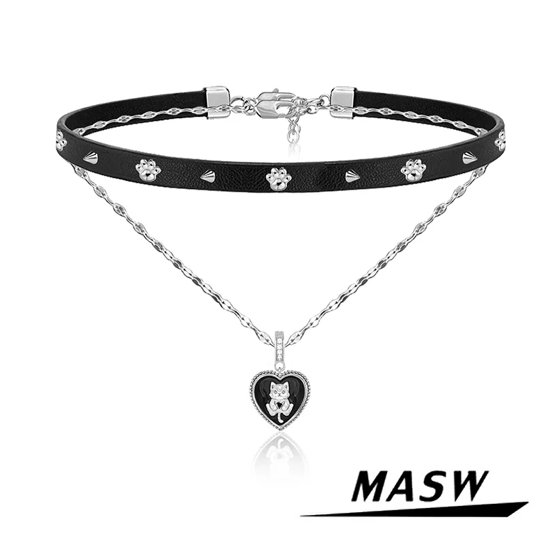 

MASW Original Design Cool Style Black Heart Cute Cat PU Choker Necklace For Women Girl Gift Trend Jewelry Hot Sale 2024 New