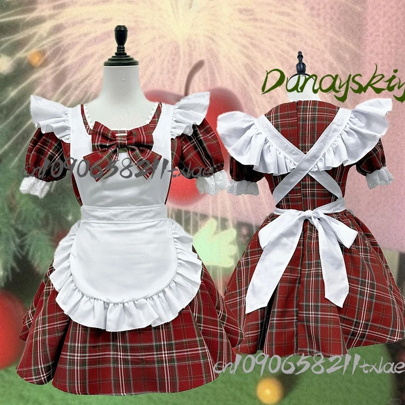 

Japanese Christmas Angel Maid Dress Cute Red Checkered Lolita Jirai Kei Women Cosplay Costumes Kawaii Halloween Party Daily
