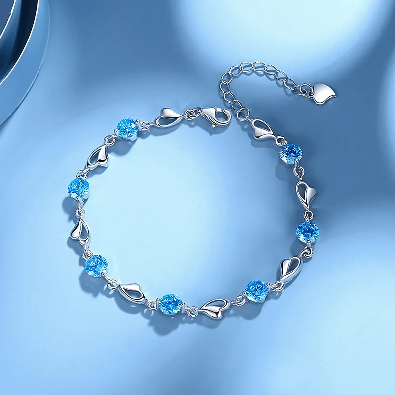 Pulsera de amor de plata de ley S925 de lujo para mujer, cristal de circón azul púrpura, regalo de joyería de compromiso de fiesta