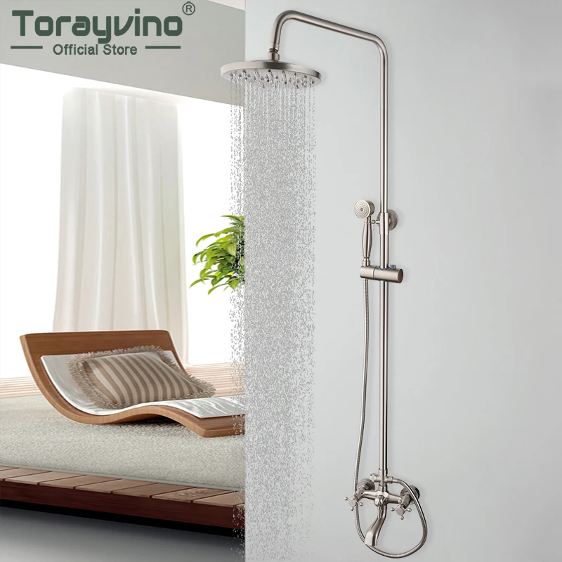 

TORAYVINO Bathroom Faucets Set Nickel Brushed wall mounted Single Handle Shower Column Hot Cold Water Rainfall Shower System