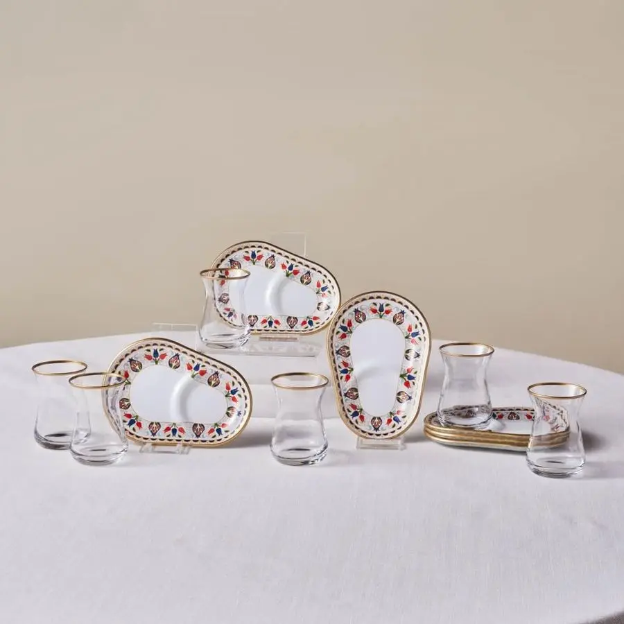 Tulip Juego de platillos de copa de té turco de 12 piezas, 132 ml, diseño elegante multicolor