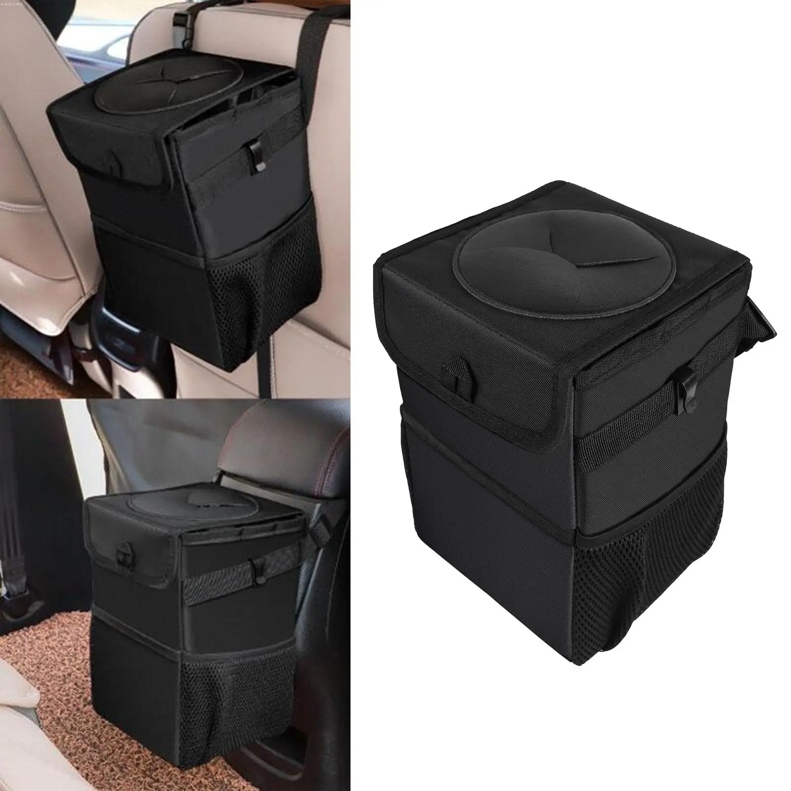 Black Collapsible Car Trash Can with Lid and Storage Pockets, Garbage