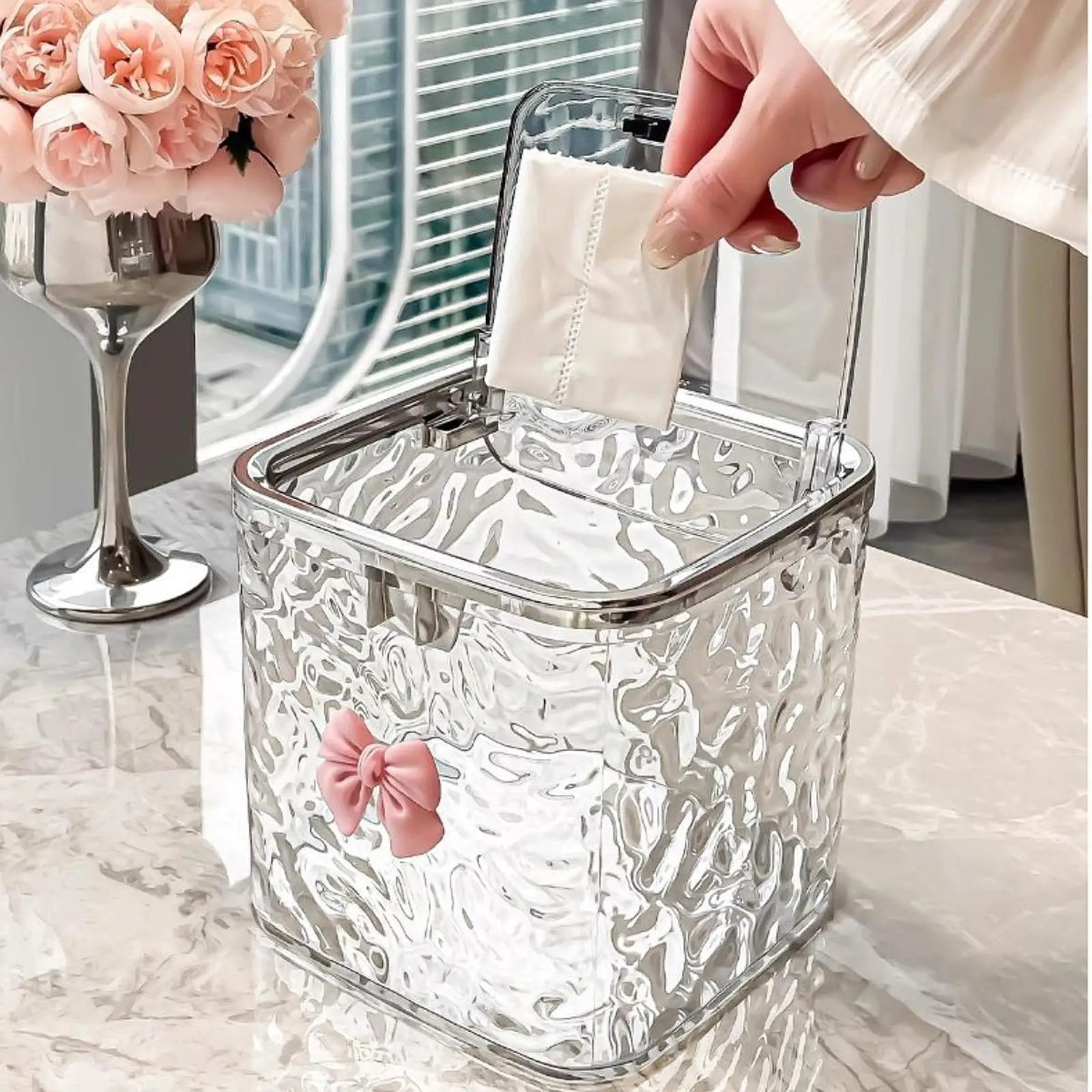 Desk Trash Can Recycling Bin with Lid for Vanity Dressing Table Kitchen