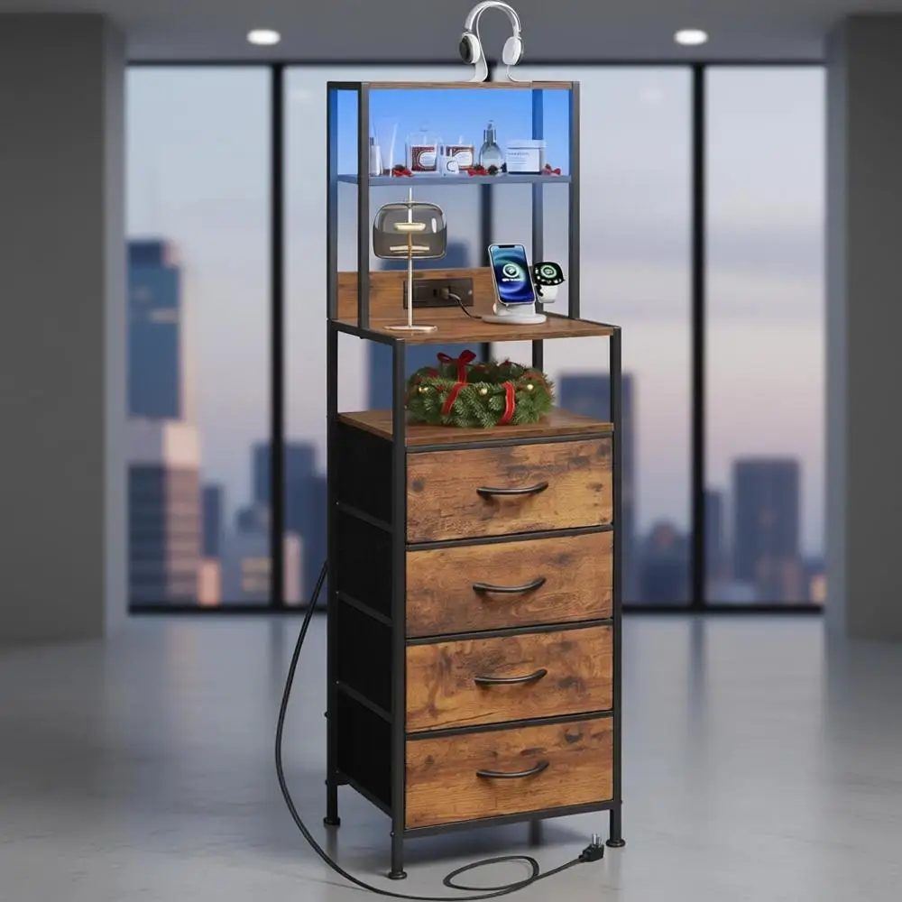 

Прикроватная тумбочка в деревенском стиле коричневого цвета со светодиодной подсветкой, зарядной станцией и полками для хранения для спальни или офиса