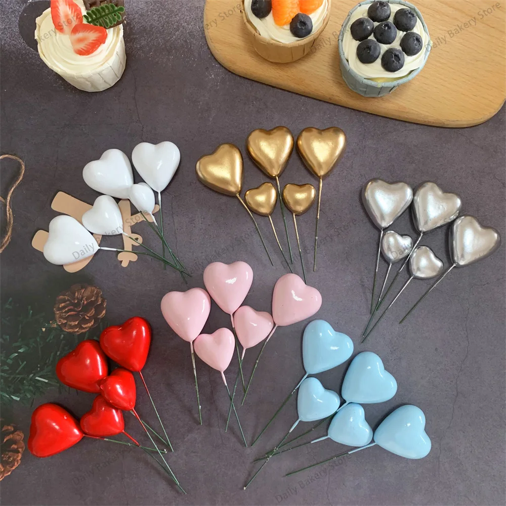 20PCS 3D Heart Shape Cake Topper Gold Silver Pink Blue Ball Happy Birthday DIY Cupcake Flag Christmas Wedding Party Decoration