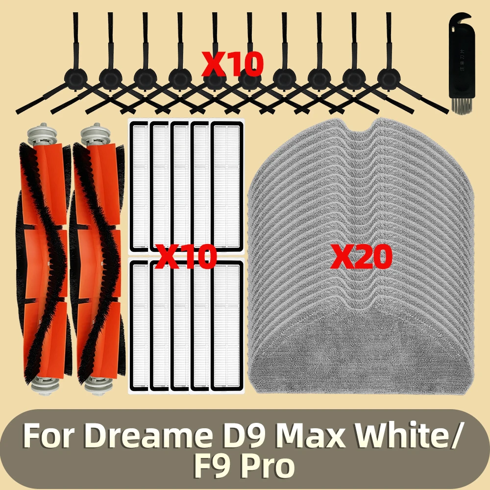 Accessoires compatibles pour Dreame D9 Max White / F9 Pro RLF22GA Aspirateur, pièces de rechange, brosse latérale principale, filtre Hepa et serpillères.