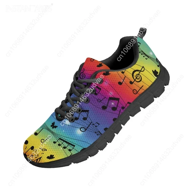 Rainbow Musical Note Print Women Casual Mesh Sneakers Lace Up Flats Shoe Brand Design Light Weight Footwear Zapatos