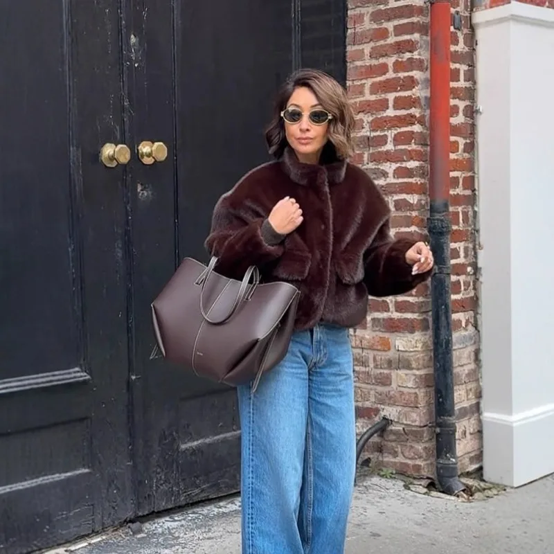 Effen Dames Chic Nepbont Korte Jas Casual Single Breasted Opstaande Kraag Losse Warme Jassen Dame Winter Dagelijks High Street Jas