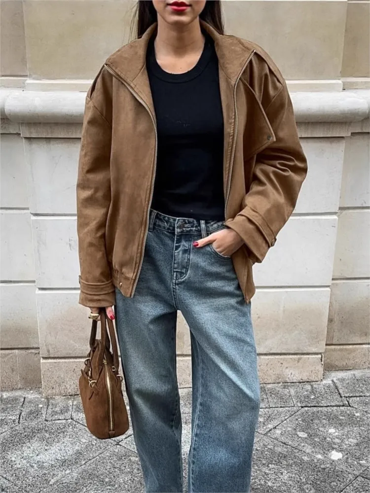 

Retro Brown Jacket Coat Women 2025 New Autumn Winter Elegant Chic Loose Long Sleeved Zipper Pocket Coats Fashion Casual Overcoat
