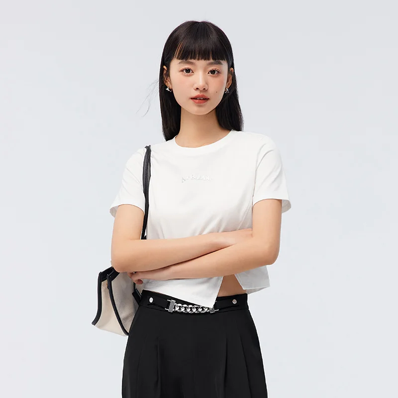 Semir Short Sleeve Tshirt Women Short Slim Fit Irregular Summer 2023 New Versatile Letter Pullover Fashion Cool T Shirt