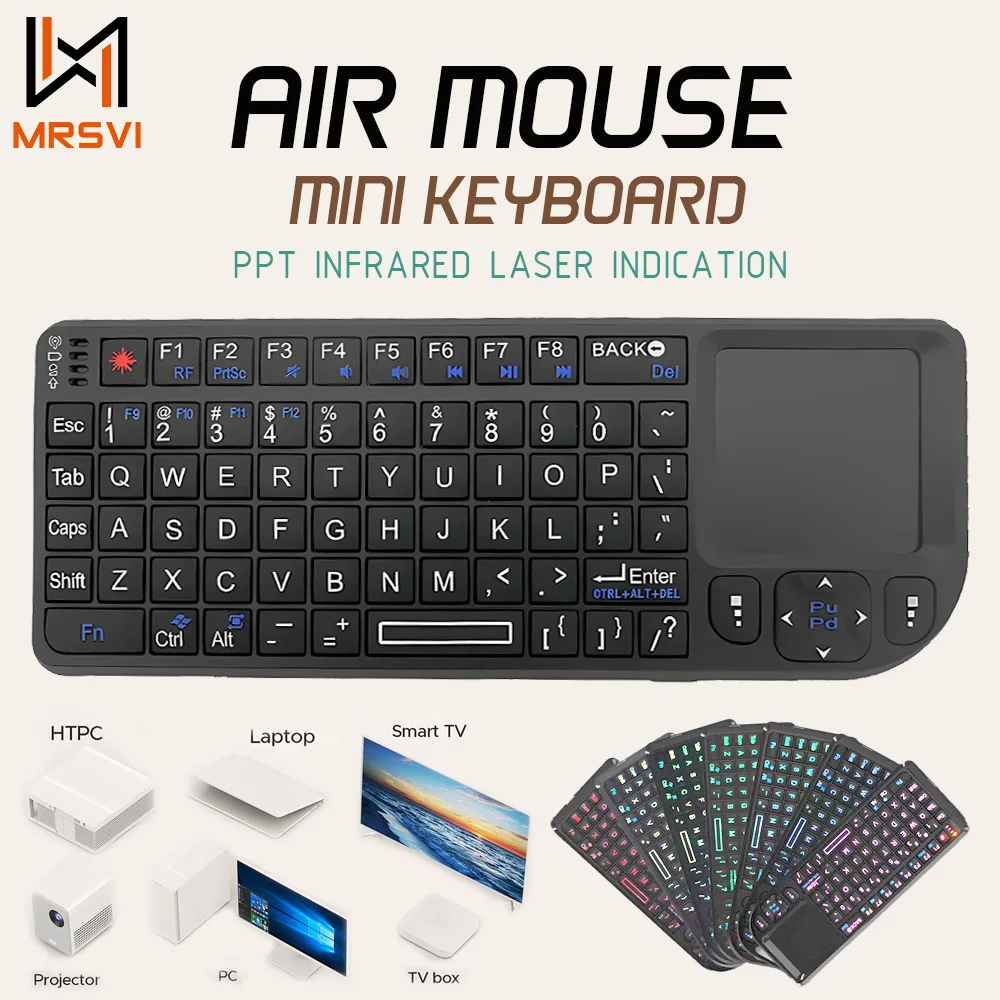 MRSVI A8 Mini bezprzewodowa klawiatura 2.4G 7 kolorów podświetlany touchpad Air Mouse z wskaźnikiem podczerwieni dla Android TV Box PC, Office