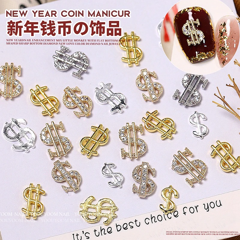 

10PCS Gold Silver Dollor Sign Nail Charms Rhinestones For Nails Art Decoration Luxury Alloy Manicure Accessories Supplies Parts