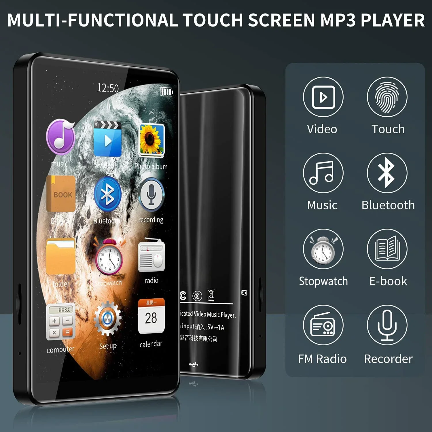 Yophoon 4-inch upgrade BT 5.0 MP3 MP4 player IPS touch screen built-in speaker 16GB memory music audio player