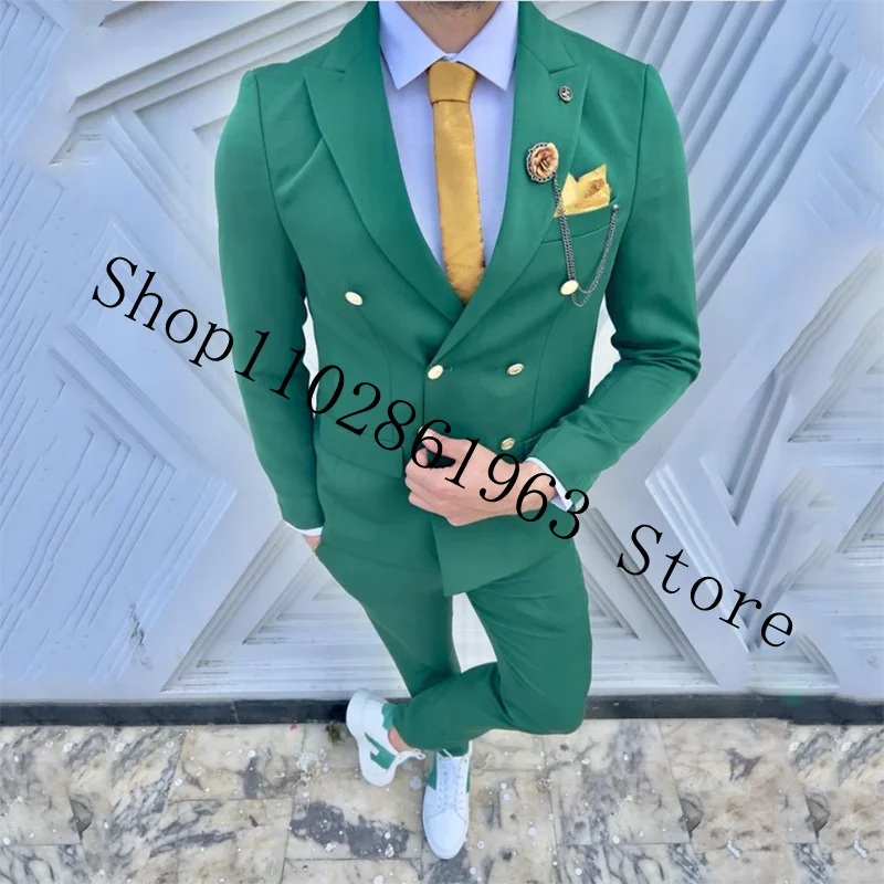 Elegant Double Brerasted Suits For Men Slim Fit 2 Pieces Suits Blazer Pants Groomsmen Wedding Tuxedos Groom Wear Costume Homme
