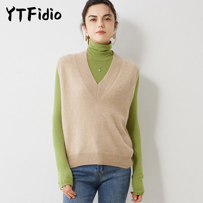 YTFidio 100% Cashmere Women V-neck Vest Autumn Office Lady Solid V-neck  Soft Loose Vest Girls  Streetwear Tops 18