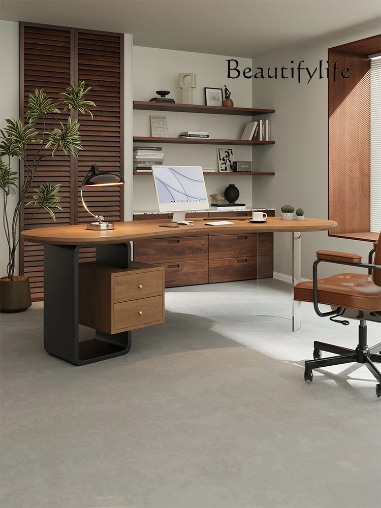 Solid wood office boss table modern simple curved desk computer workbench light luxury high sense