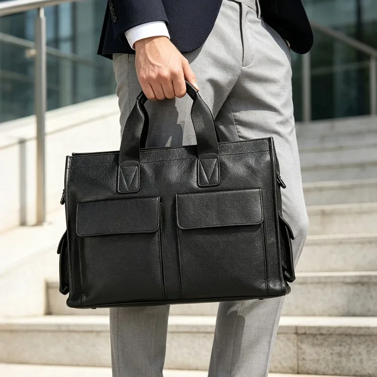 Men's New Top Grain Cowhide Briefcase | Spacious Business Laptop Messenger Bag | Refined Timeless Handheld Shoulder Tote