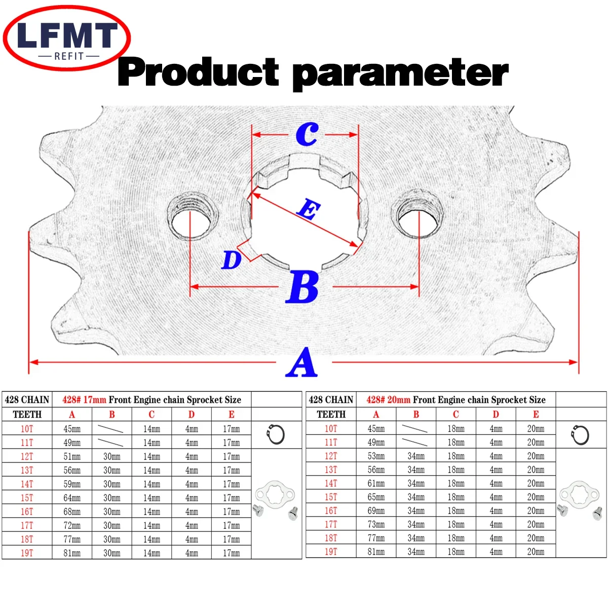 For Motorcycle ATV Four Wheel Car Front sprocket 428# 17mm 20mm 10T 11T 12T 13T 14T 15T 16T 17T 18T 19T Teeth Dirt Bike