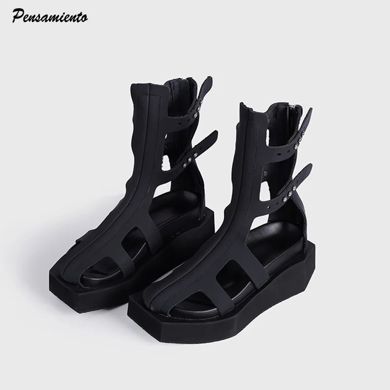 Ins style Fashion Black Square toe Wedges Women Summer Sandals Boots Casual Flats Zipper Gladiator Sandals Girls Chunky Shoes