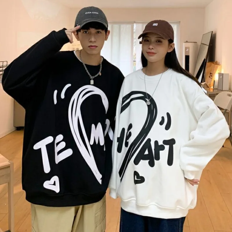 Cute Love Splicing Print Matching Couple Hoodies O-neck Sweatshirts High Quality Men Women Drop Long Sleeve Pullovers 4XL