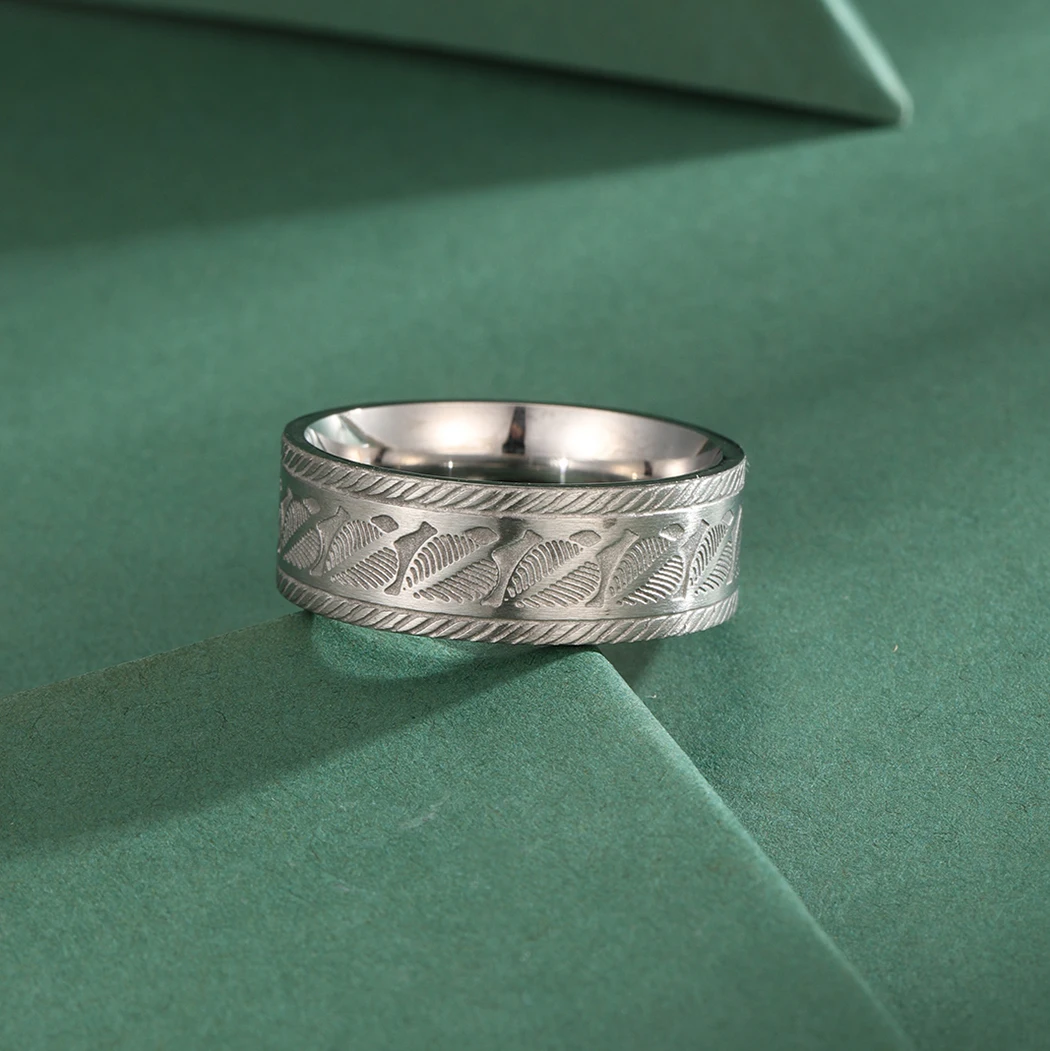 CHENGXUN Engraved Tree Leaves Rings for Men Women Stainless Steel 8mm Wedding Leaf Finger Bands Couple Promise Jewelry