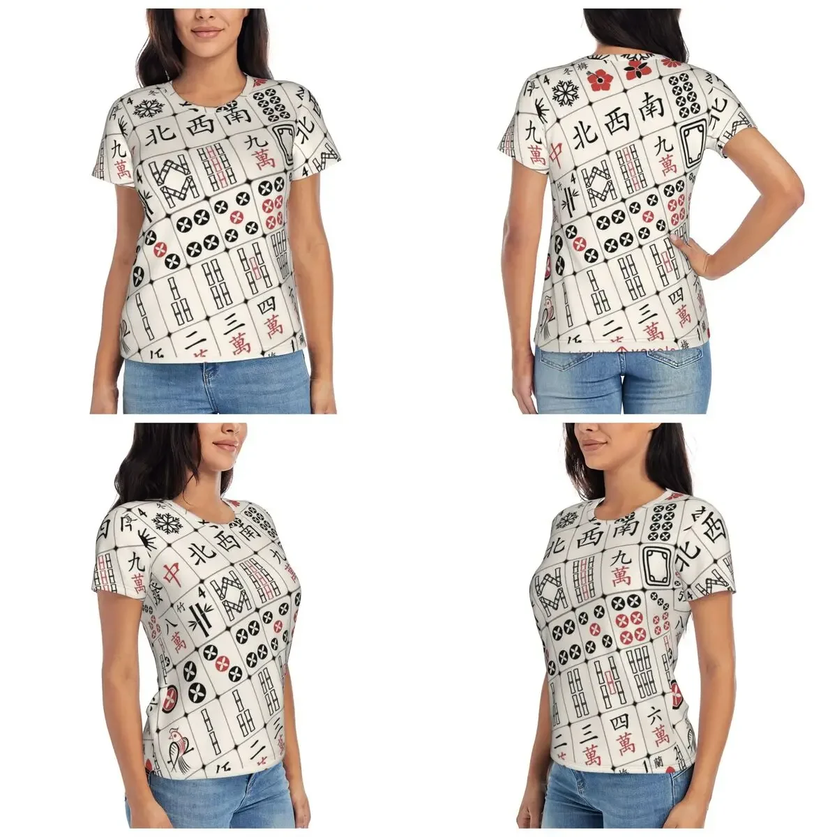 Mahjong Tile Pattern T-Shirt for Women Round Neck Streetwear T Shirts Women's Short Sleeve Summer Clothes Tops