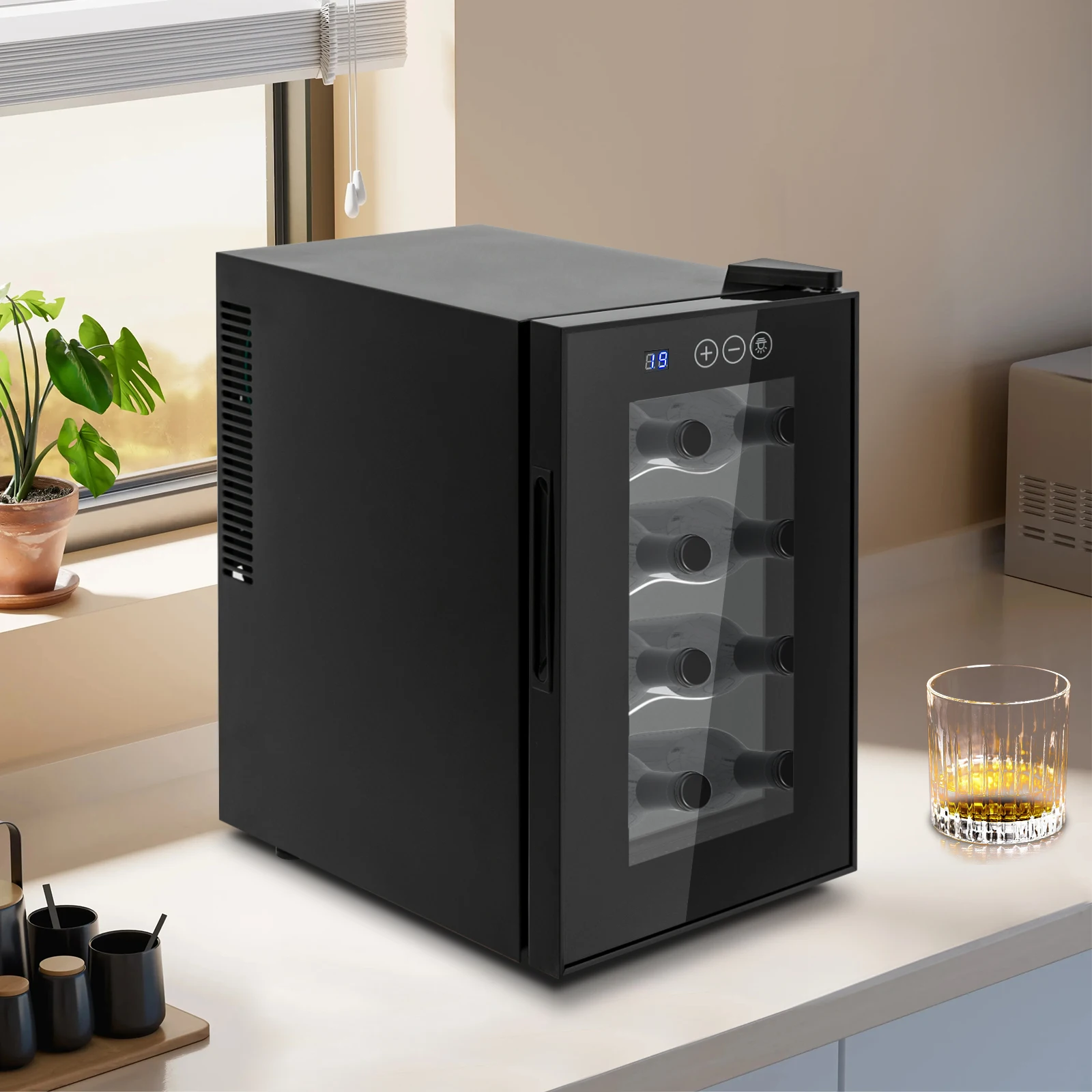 Vinoteca para 8 Botellas con Temperatura Ajustable, Exhibidor de Vinos con Pantalla LED y Puerta de Vidrio Templado para Hotel o Bar