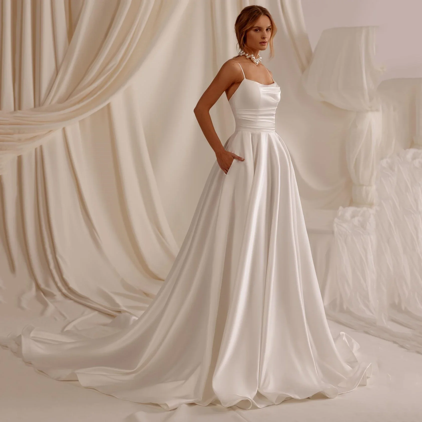 

Simple A Line Satin Bride Dresses With Pockets Pleated Spaghetti Straps Formal Wedding Dresses Bridal Gowns Women Party