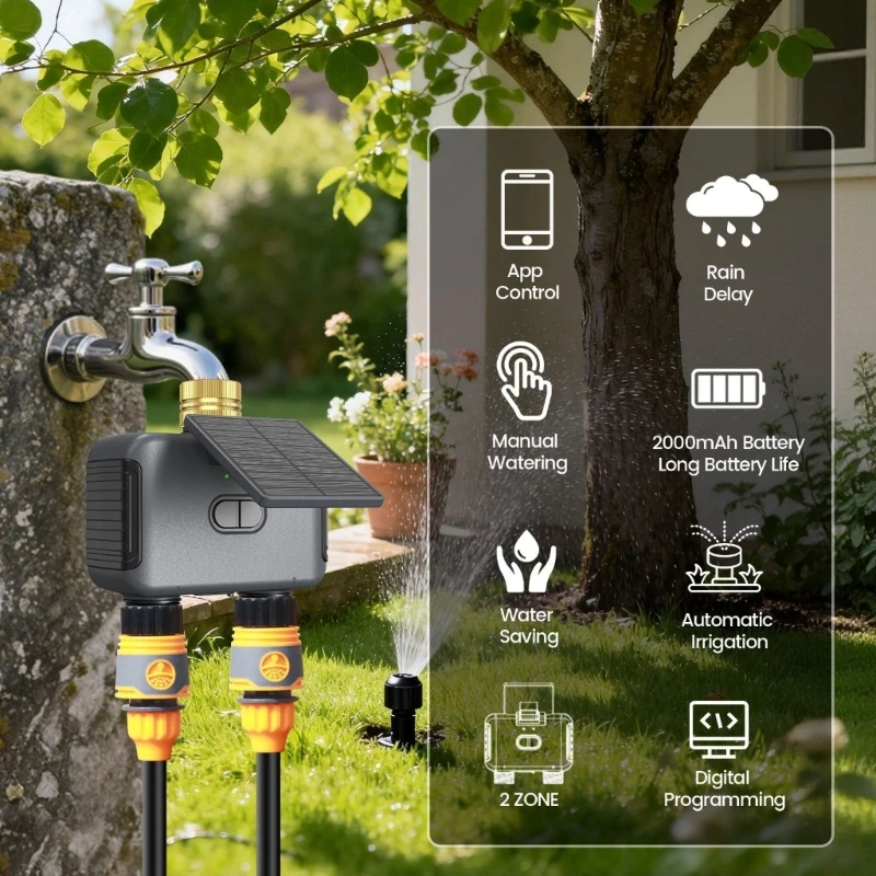 Wifi Irrigation Timer - เครื่องจับเวลาน้ำพลังงานแสงอาทิตย์ 2 โซนพร้อมการตั้งเวลาระยะไกล WiFi ตัวควบคุมการชลประทานสำหรับสายสวน