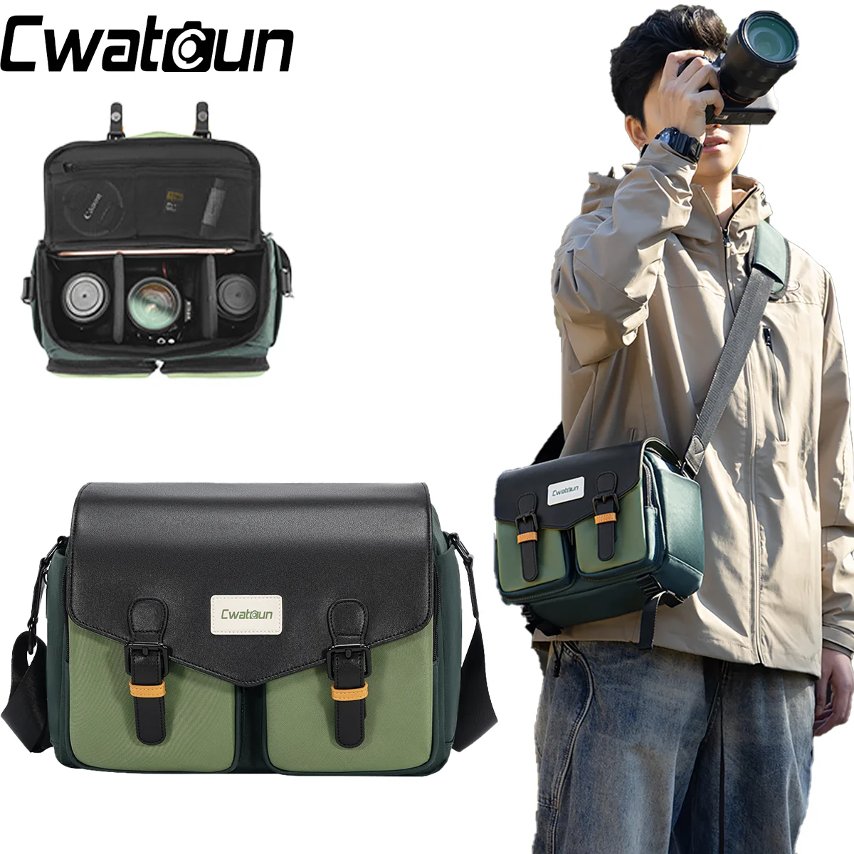 Cwatcun One-Shoulder Camera Bag Waterproof Retro Lightweight Photography Bag