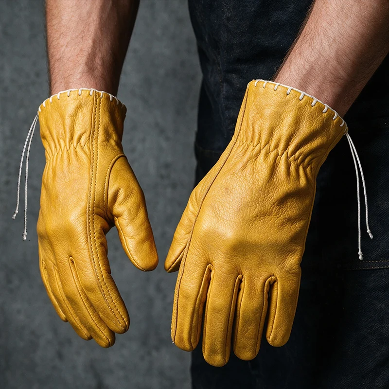Men's First-Layer Cowhide Leather Work Gloves, Protective Gloves for Outdoor Camping, Barbecue, and Handling, Genuine Leather Gloves