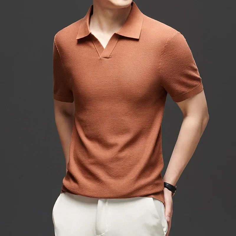 Minglu Mulberry Silk Knitted Summer Men's Polo Shirts Luxury Short Sleeve Solid Color Business Casual Cotton Lyocell Man Tees