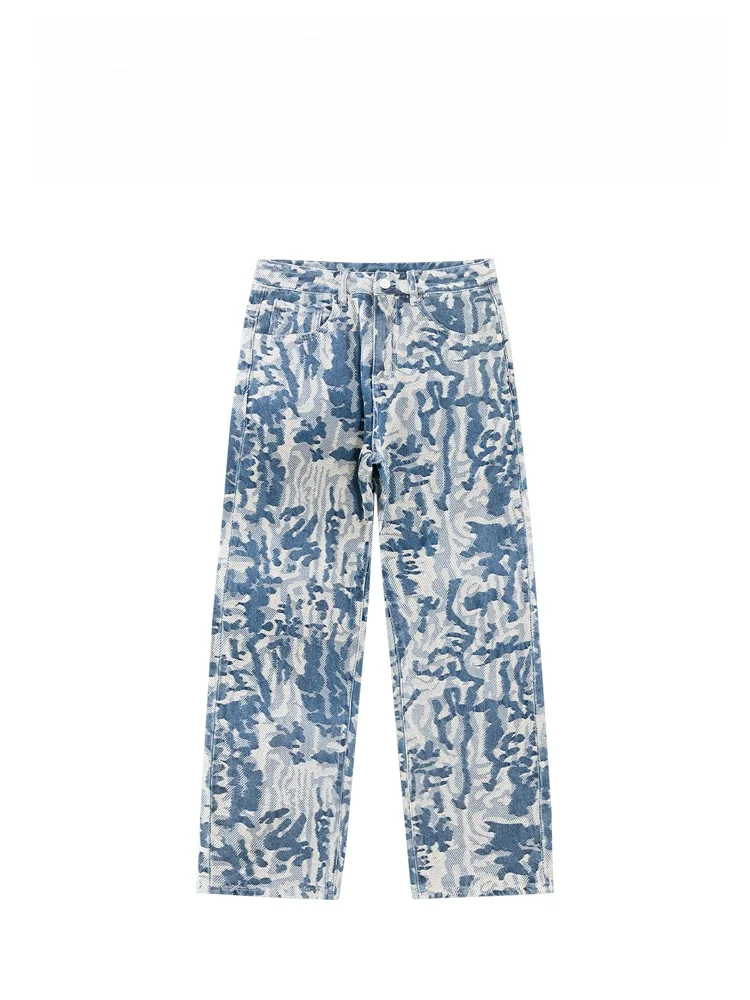 

Faionable Camouflage Straight Leg High Waist Denim Jeans Men's Loose Fit Premium Embroidery Trendy Long Pants