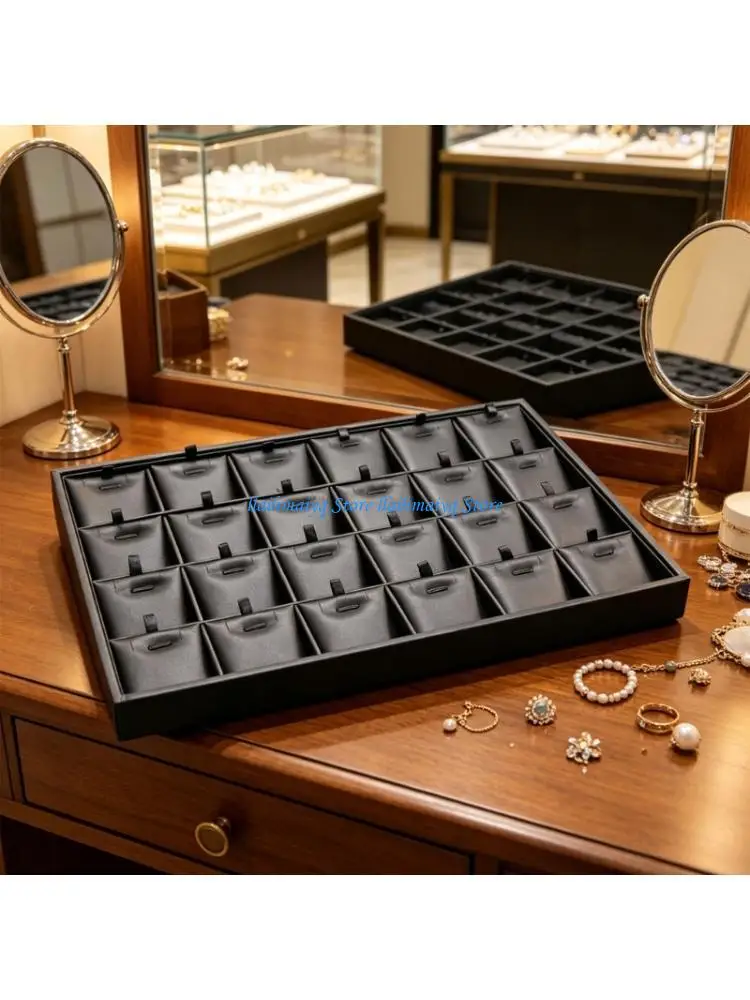 573B Elegant Black Leather Jewelry Display Tray Perfect For Organizing Rings Earrings Necklaces And Bracelets Featuring Strong