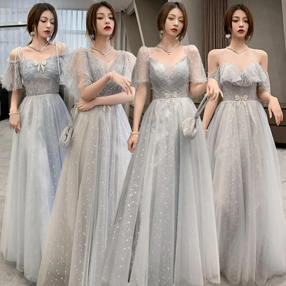 

4 Styles Bridesmaid Dress Women's Grey V-neck Beading Sequins Puff Sleeves Lace Up Floor-Length A-line Wedding Party Guest Gown