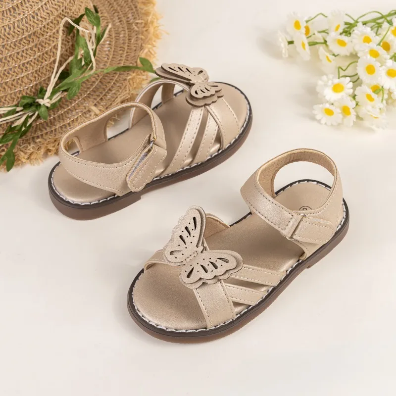 Mumoresip New Summer Girl Open Toe Sandals Hollow-out Butterfly Decor Children Causal Shoes Breathable Kids School Flat Sandals
