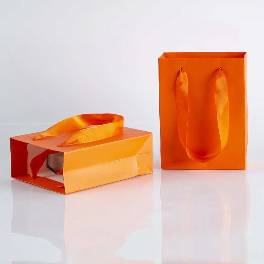 High Grade Shopping Bags Ribbon Handles Orange Kraft Paper Bag 12x5.7x16 For Christmas Wedding Clothes Shoes Gift Box Packaging