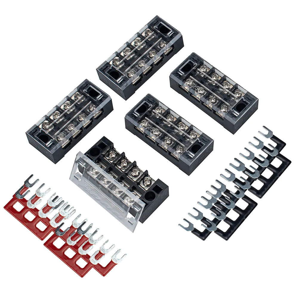5Sets 4P Dual Row Screw Terminal Strip Block 25A Barrier Terminal Block with Clear Safety Cover for Battery Wiring Power