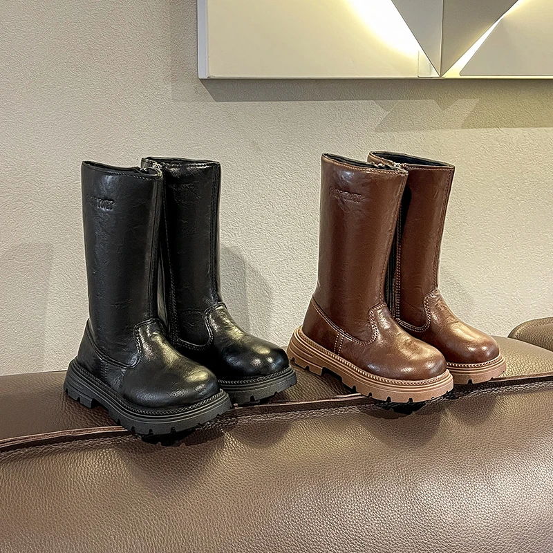

Girls Plush Lining Leather Boots 2025 New Winter Kids Platform Mid-calf Boots Non-slip Simple Retro Kids Christmas Party Boots