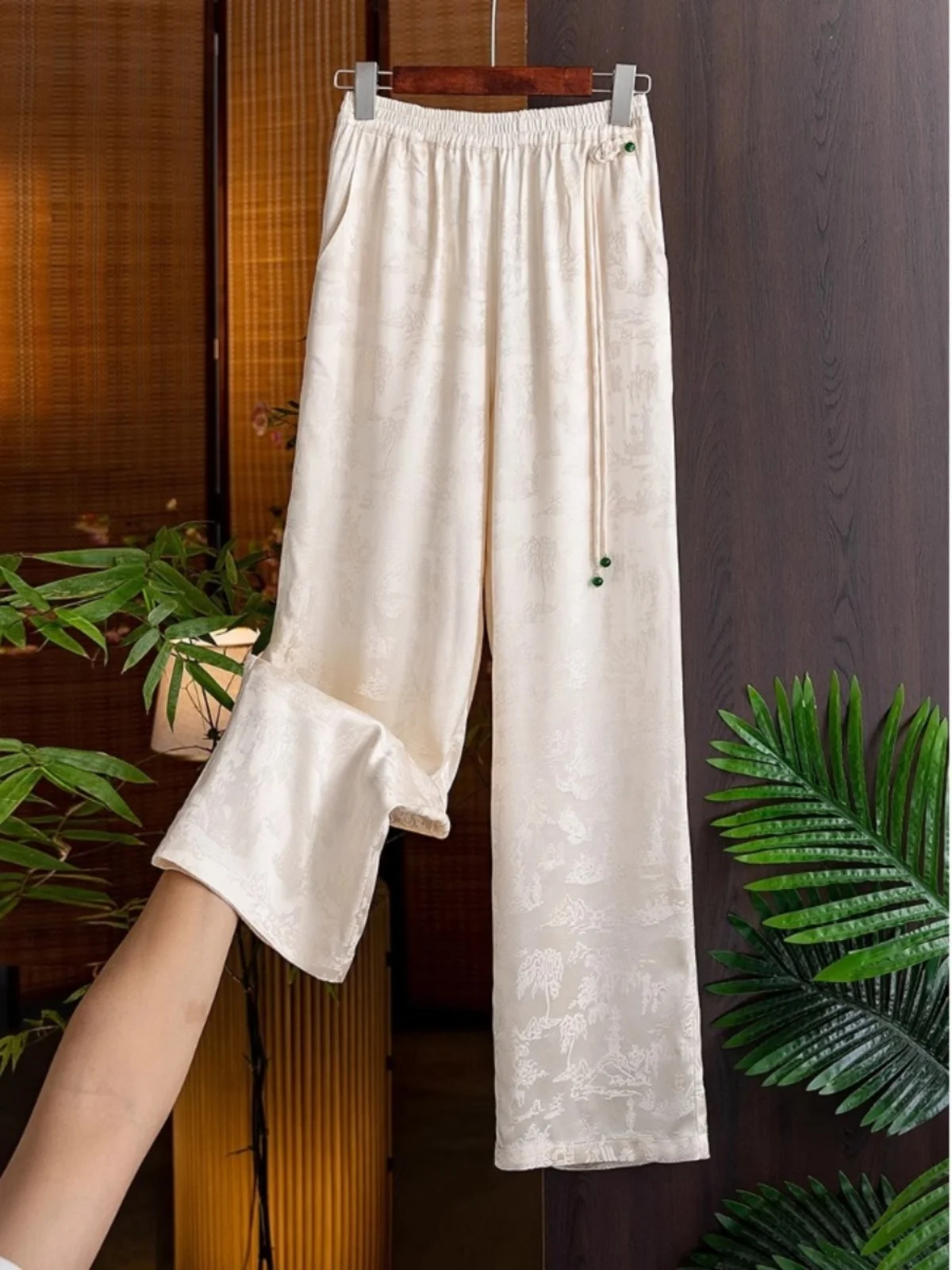 Nuovi pantaloni a gamba larga a vita alta cinesi Sle Pantaloni casual dritti in acetato dimagrante ad alta elasticità estiva da donna