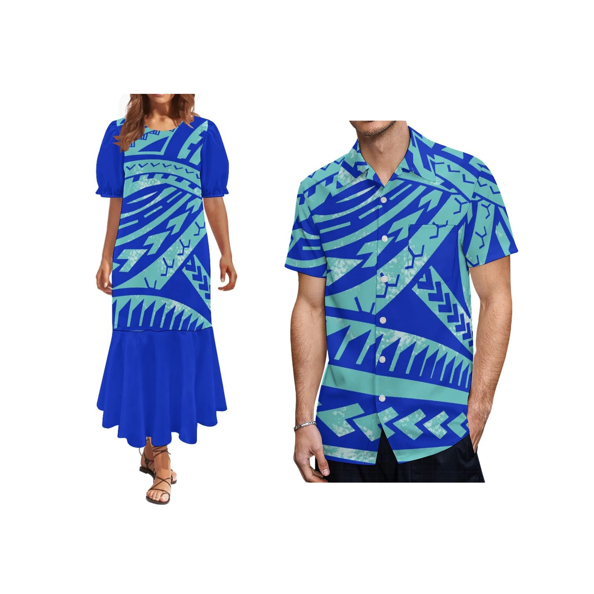 Factory Hot Sale Polynesian Tribal Print Midi Dress Women Round Neck Dress Custom Pacific Island Casual Party Dress