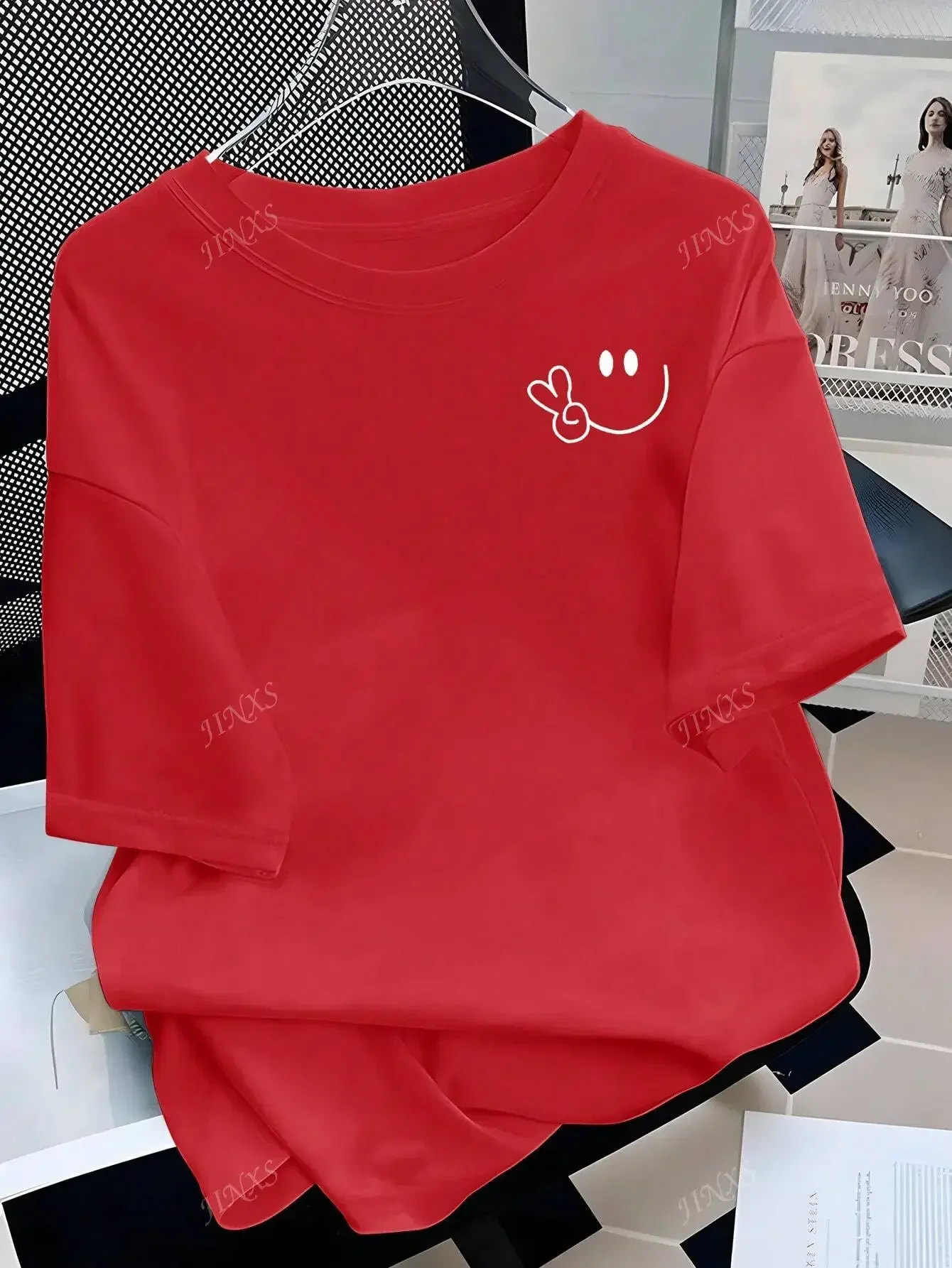 Short Sleeve Round Neck Tops Stylish Tee with Adorable Smile and Peace Sign Design Ideal Fashion Harajuku Kawaii Y2K Clothing